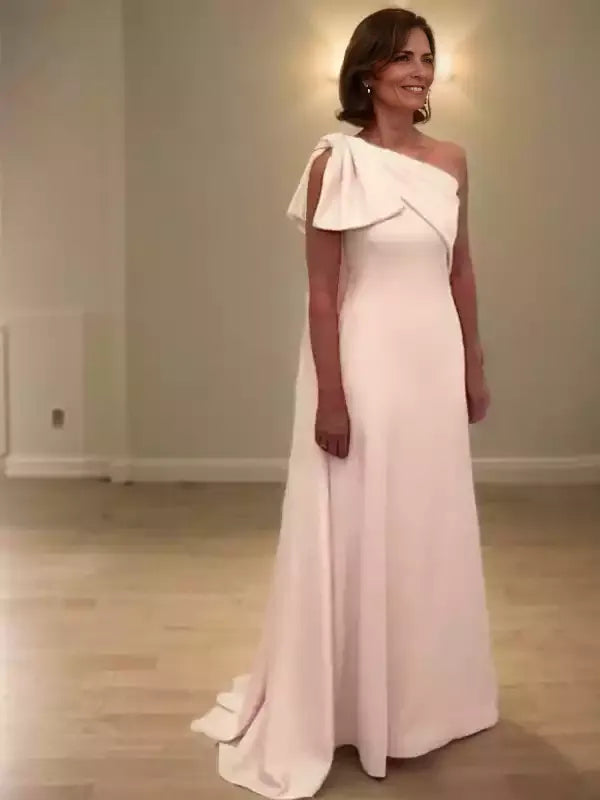 One-Shoulder A-Line Stretch Crepe Bowknot Sleeveless Sweep Train Mother of the Bride Dresses