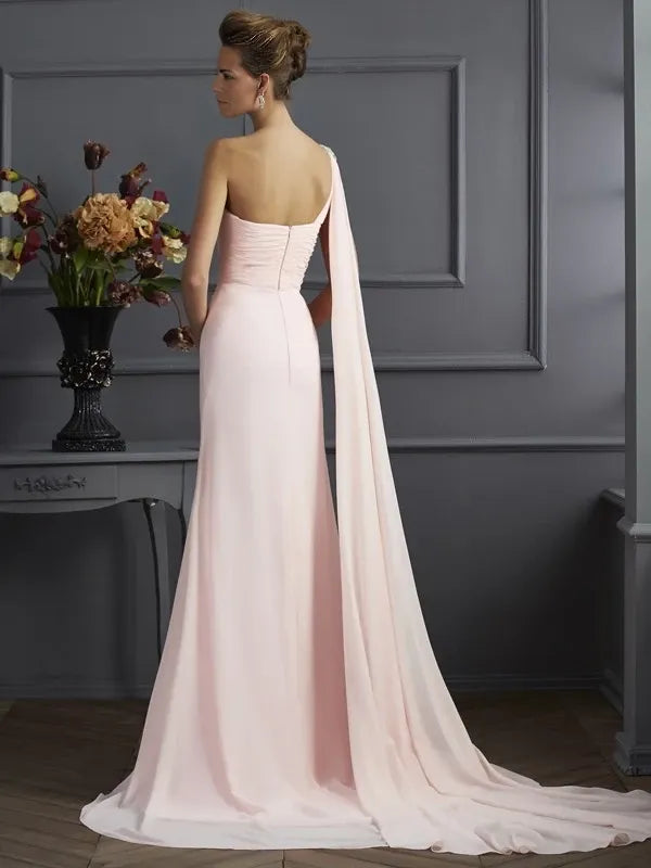 One-Shoulder Chiffon Sleeveless Sweep Train With Beading Dresses