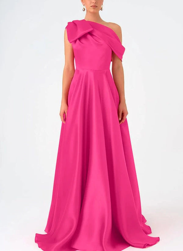 One-Shoulder Floor Length Sleeveless Prom Dress Satin With Bow Evening Dresses