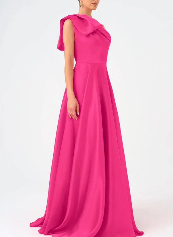 One-Shoulder Floor Length Sleeveless Prom Dress Satin With Bow Evening Dresses