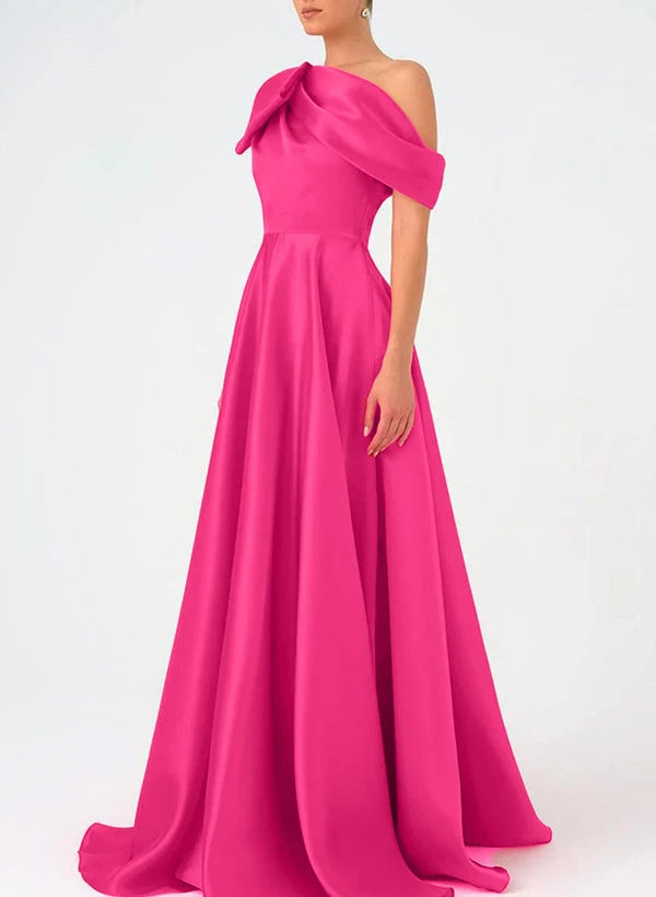 One-Shoulder Floor Length Sleeveless Prom Dress Satin With Bow Evening Dresses