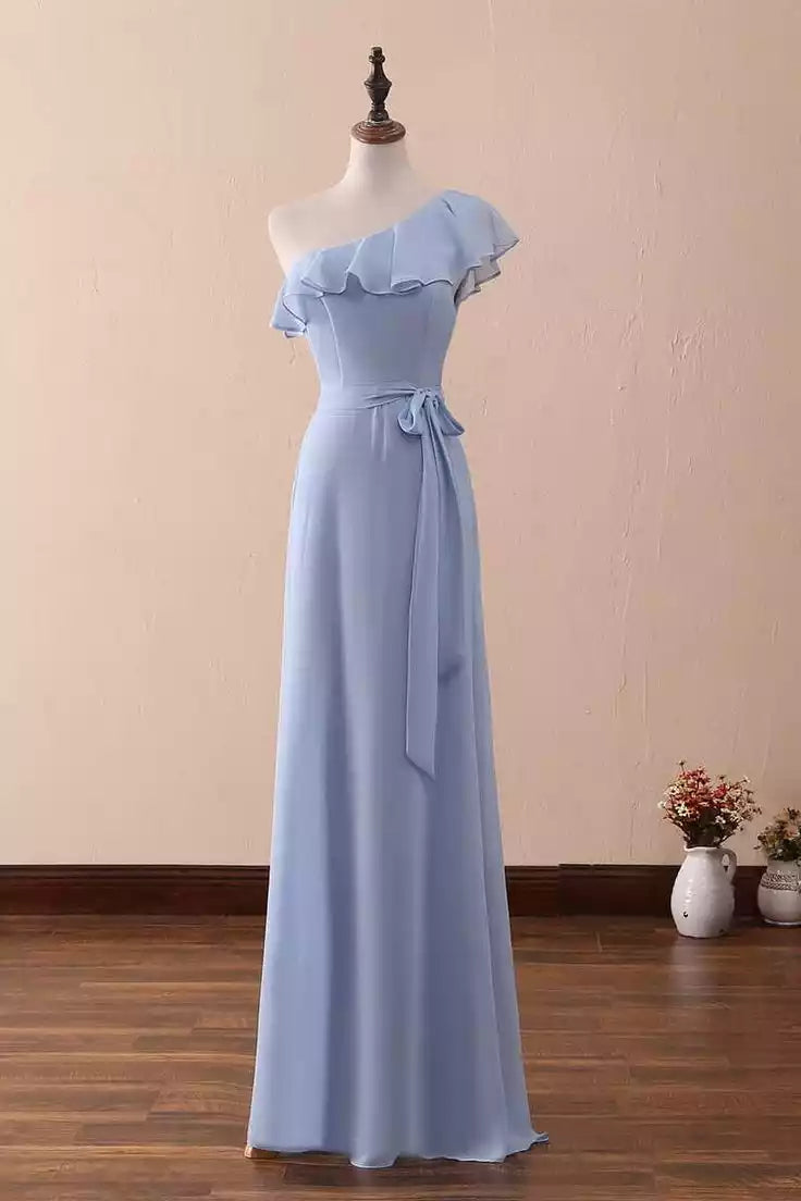 One-Shoulder Ruffled A-Line Floor length Long Bridesmaid Dress