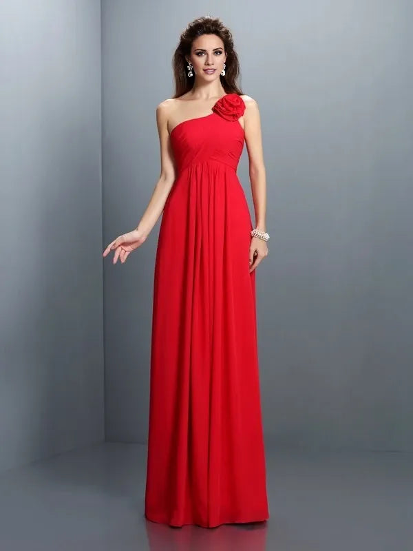 One-Shoulder Sleeveless Chiffon Floor-Length With Hand-Made Flower Bridesmaid Dresses