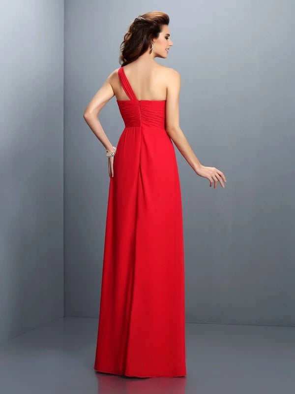 One-Shoulder Sleeveless Chiffon Floor-Length With Hand-Made Flower Bridesmaid Dresses