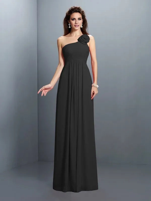 One-Shoulder Sleeveless black Chiffon Floor-Length With Hand-Made Flower Bridesmaid Dresses