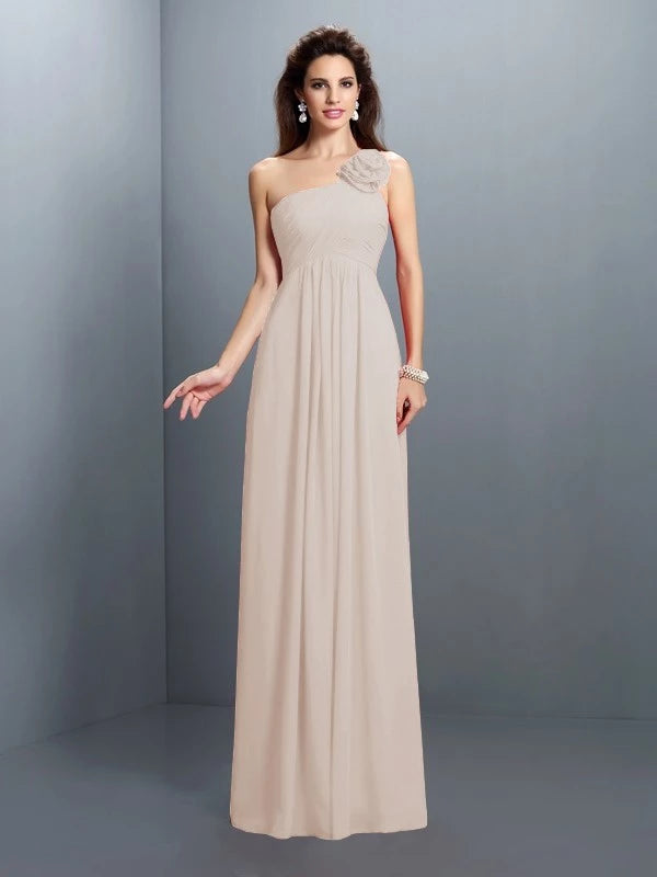 One-Shoulder Sleeveless champagne Chiffon Floor-Length With Hand-Made Flower Bridesmaid Dresses