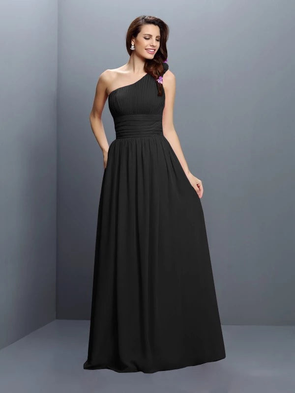 One-Shoulder Sleeveless black Chiffon Floor-Length With Pleats Bridesmaid Dresses