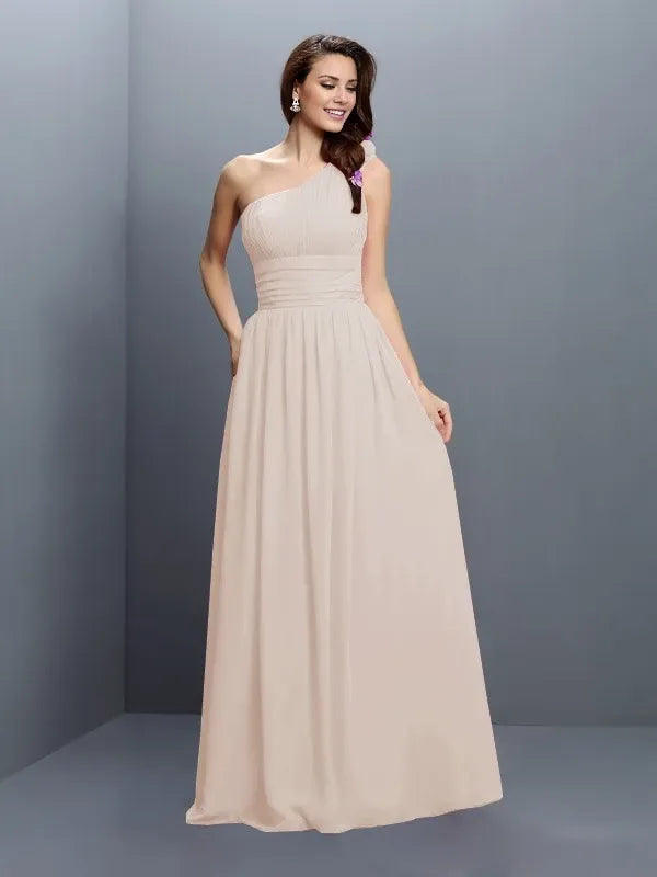 One-Shoulder Sleeveless champagne Chiffon Floor-Length With Pleats Bridesmaid Dresses