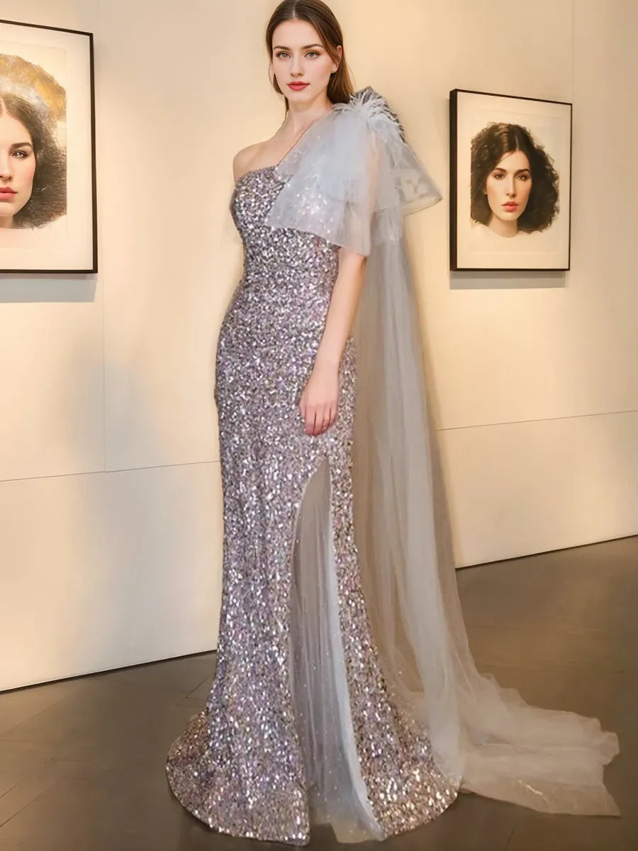One-Shoulder Sleeveless Mermaid Sequined Evening Dresses with Feather