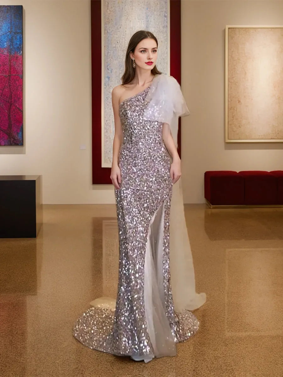 One-Shoulder Sleeveless Mermaid Sequined Evening Dresses with Feather