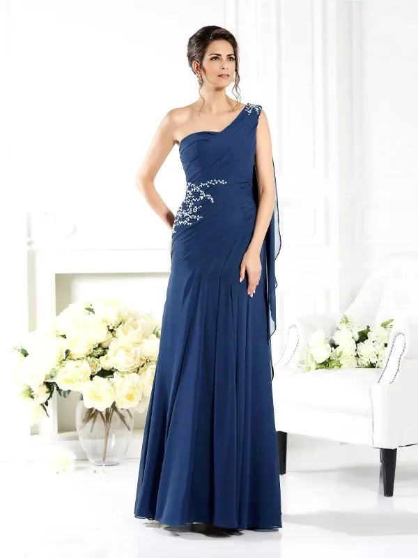 One-Shoulder Sleeveless Sheath Chiffon Floor-Length With Beading Mother of the Bride Dresses