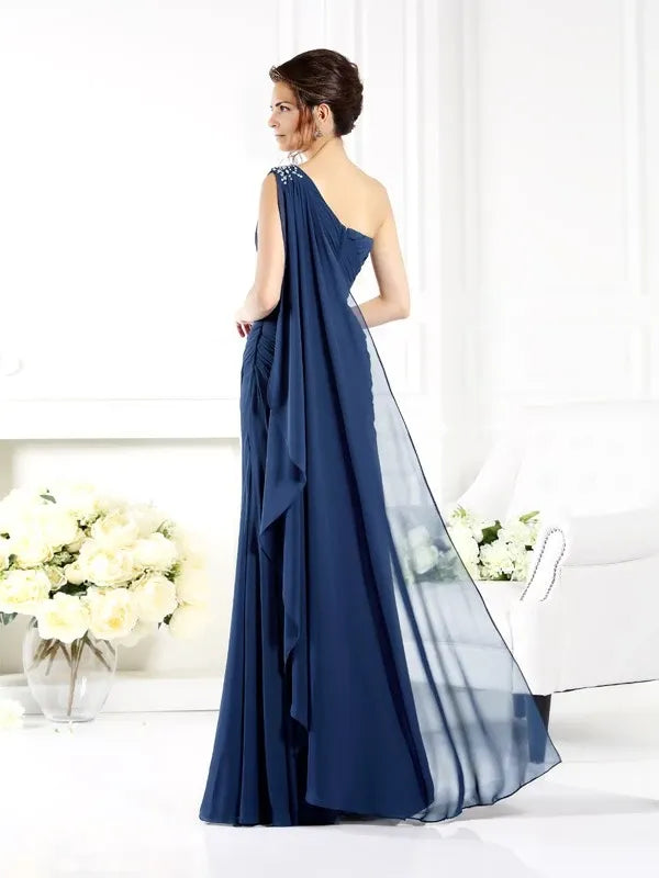 One-Shoulder Sleeveless Sheath Chiffon Floor-Length With Beading Mother of the Bride Dresses