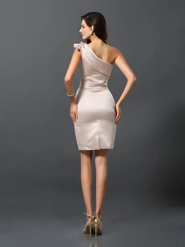 One-Shoulder Sleeveless Sheath Satin Knee-Length With Belt Dresses Party Dresses Evening Dresses Homecoming Dresses