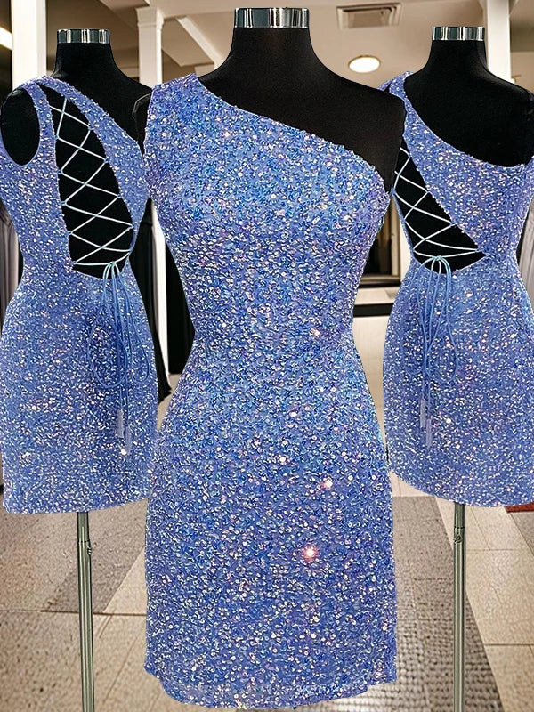 One-Shoulder Sleeveless Sheath Velvet Sequins Short Dresses Party Dresses Evening Dresses Homecoming Dresses