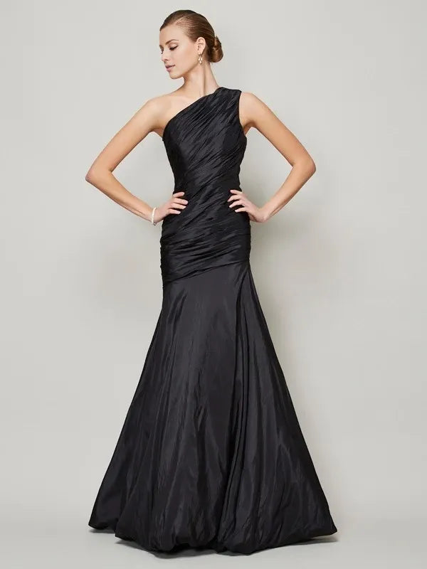 One-Shoulder Sleeveless Taffeta Floor-Length With Pleats Evening Dress