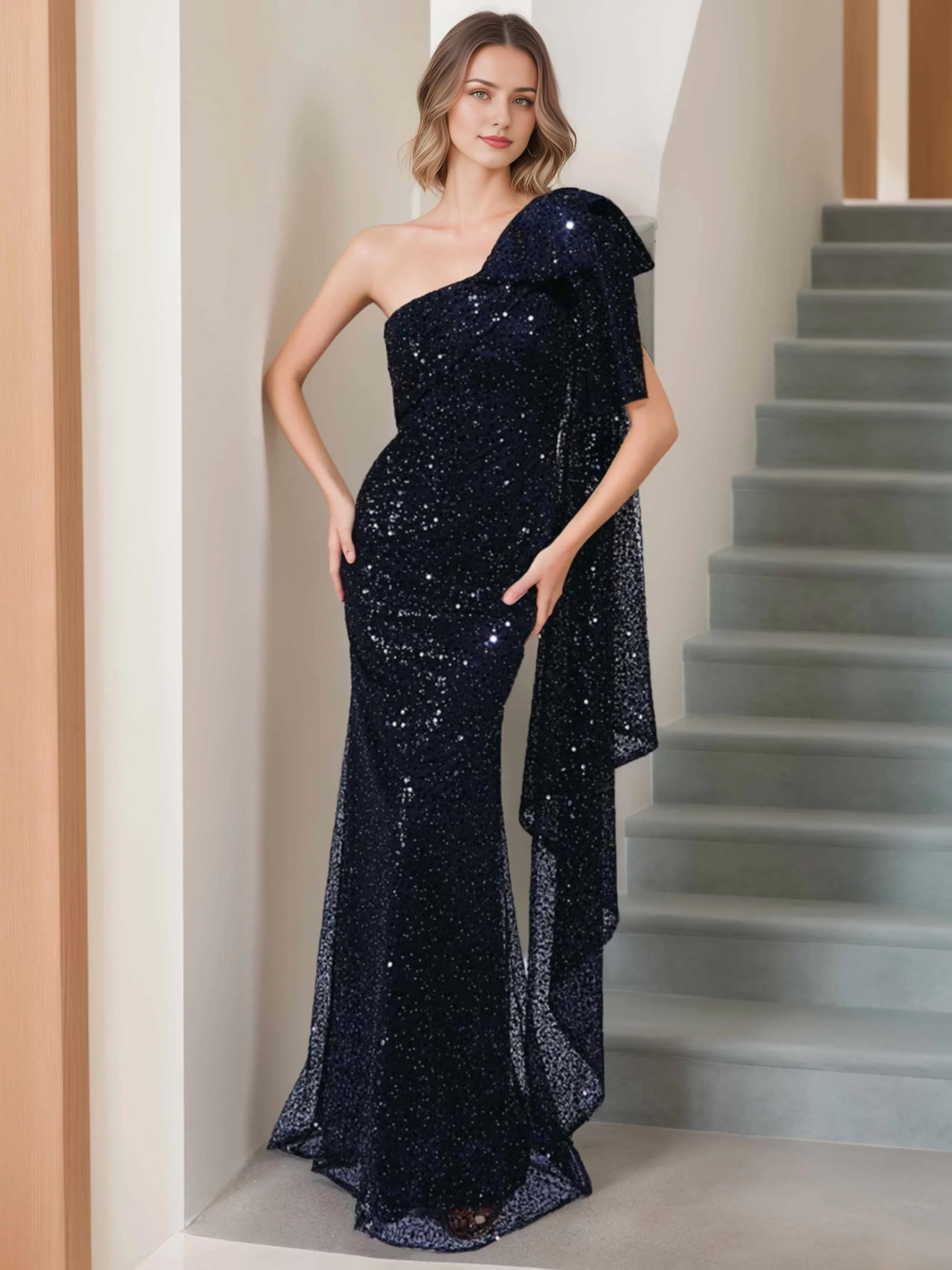 One-Shoulder Sleeveless Trumpet Floor-Length Long  with Bow Side Ruffle Evening Dresses