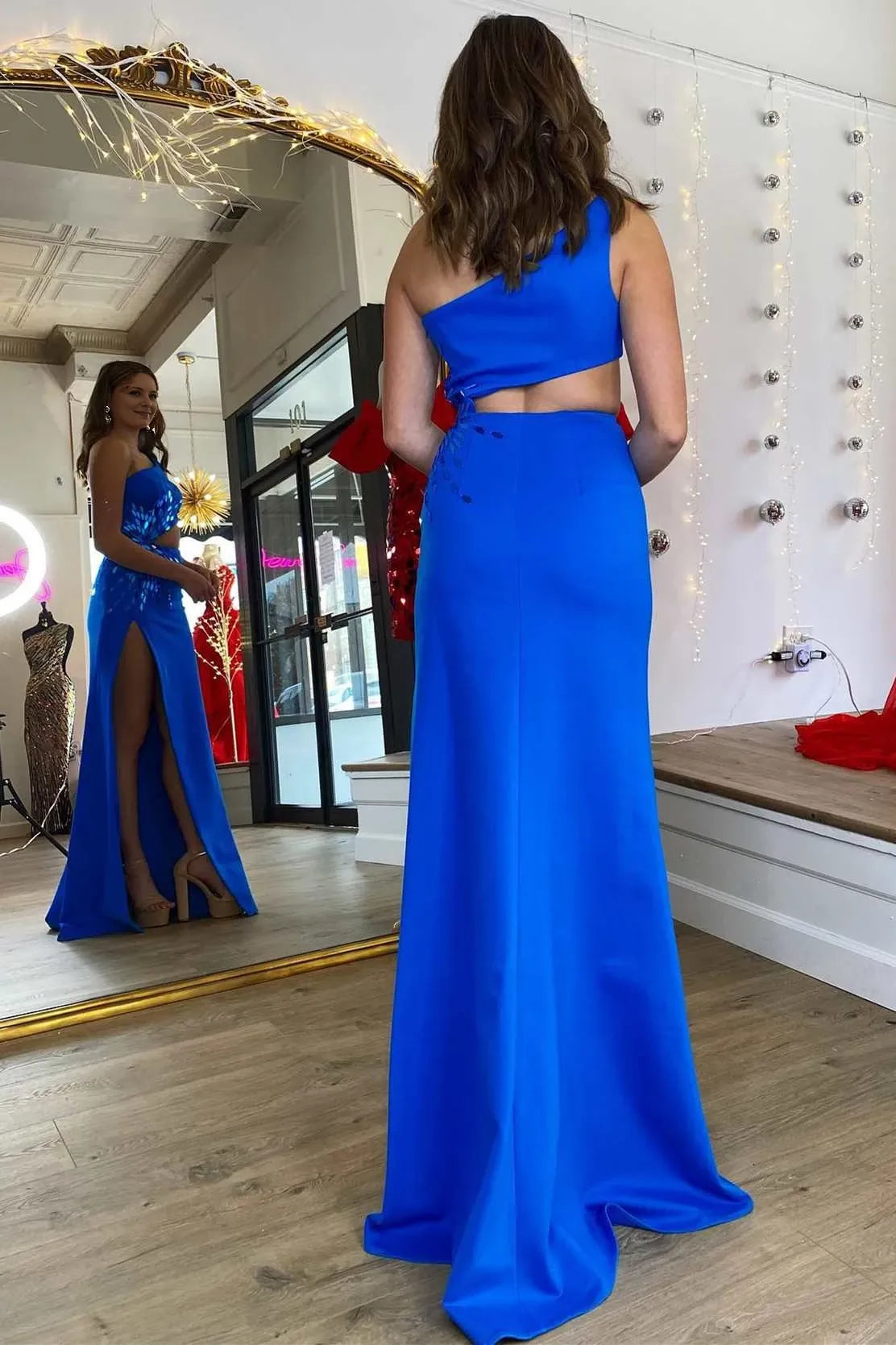 One Shoulder Royal Blue Cut Glass Mirror Long with Slit Evening Dresses Evening Dresses Prom Dress