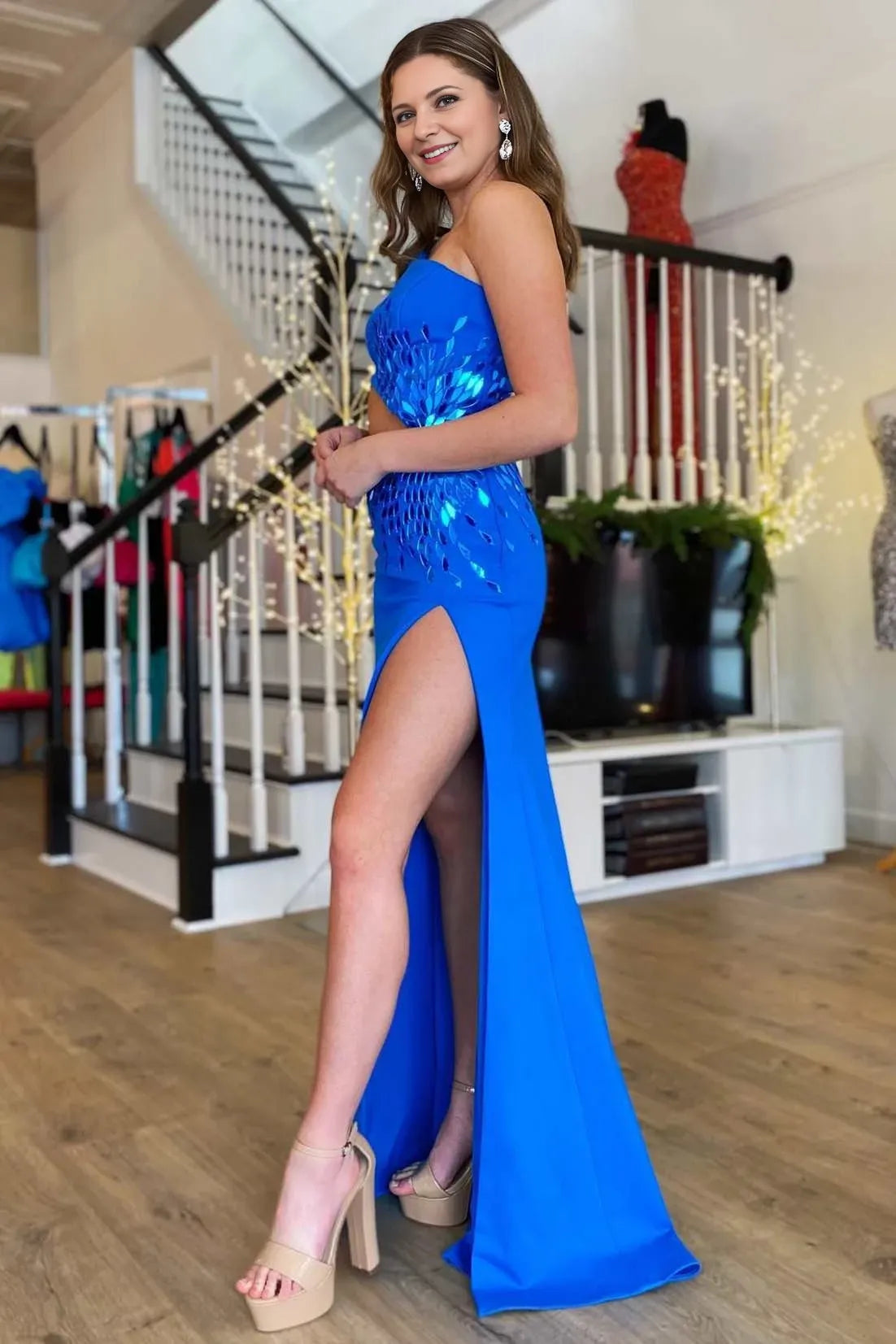One Shoulder Royal Blue Cut Glass Mirror Long with Slit Evening Dresses Evening Dresses Prom Dress