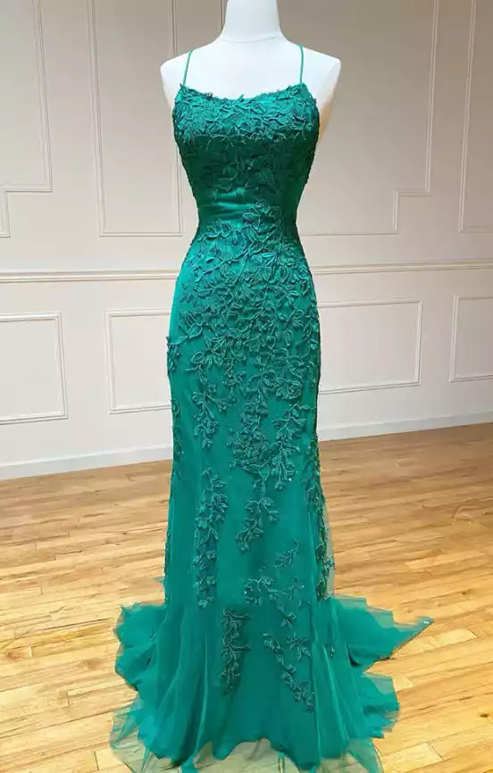 Open Back Green Mermaid Lace Floor length Prom Dresses Backless Green Mermaid Lace Formal Evening Dresses