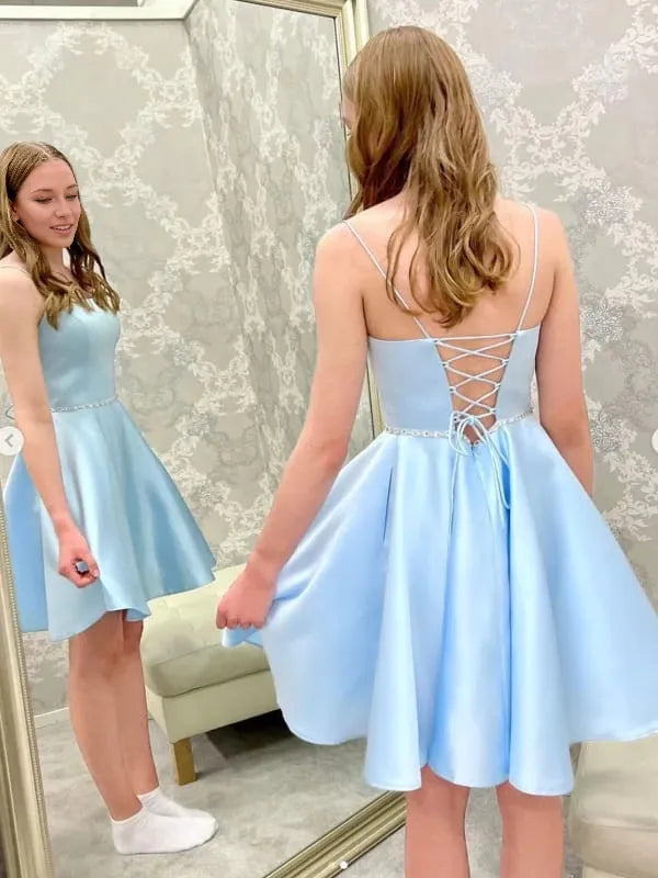 Open Back Light Blue Short Prom with Belt Light Blue Formal Graduation Evening Dresses Party Dresses Homecoming Dresses