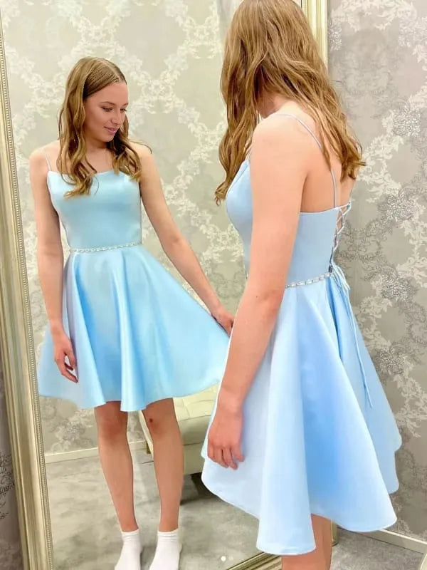 Open Back Light Blue Short Prom with Belt Light Blue Formal Graduation Evening Dresses Party Dresses Homecoming Dresses