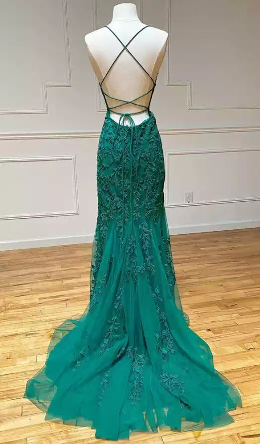 Open Back Green Mermaid Lace Floor length Prom Dresses Backless Green Mermaid Lace Formal Evening Dresses