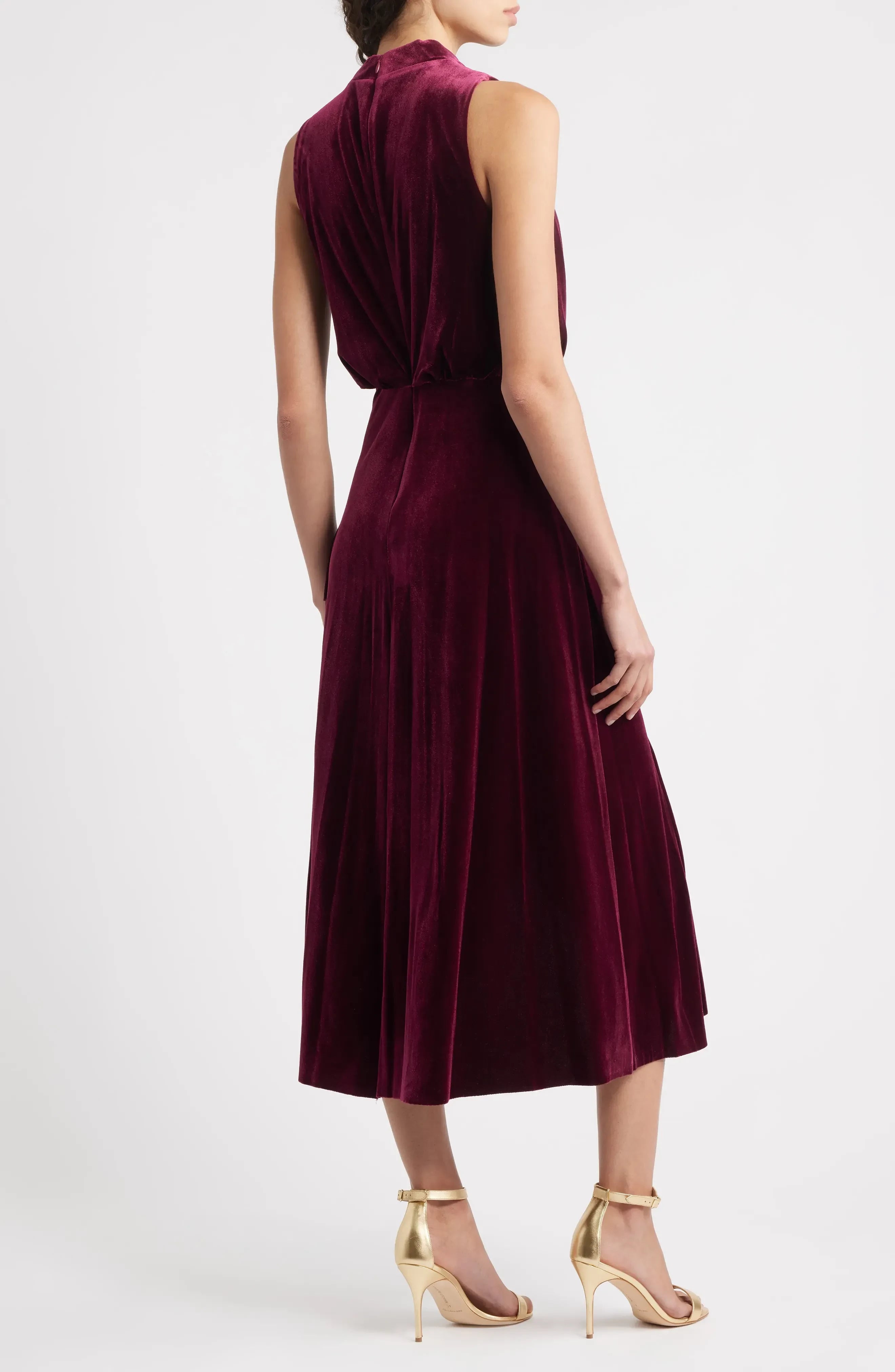 Opulent Draped Cowl Neck Sleeveless Pleated Back Midi Evening Dress