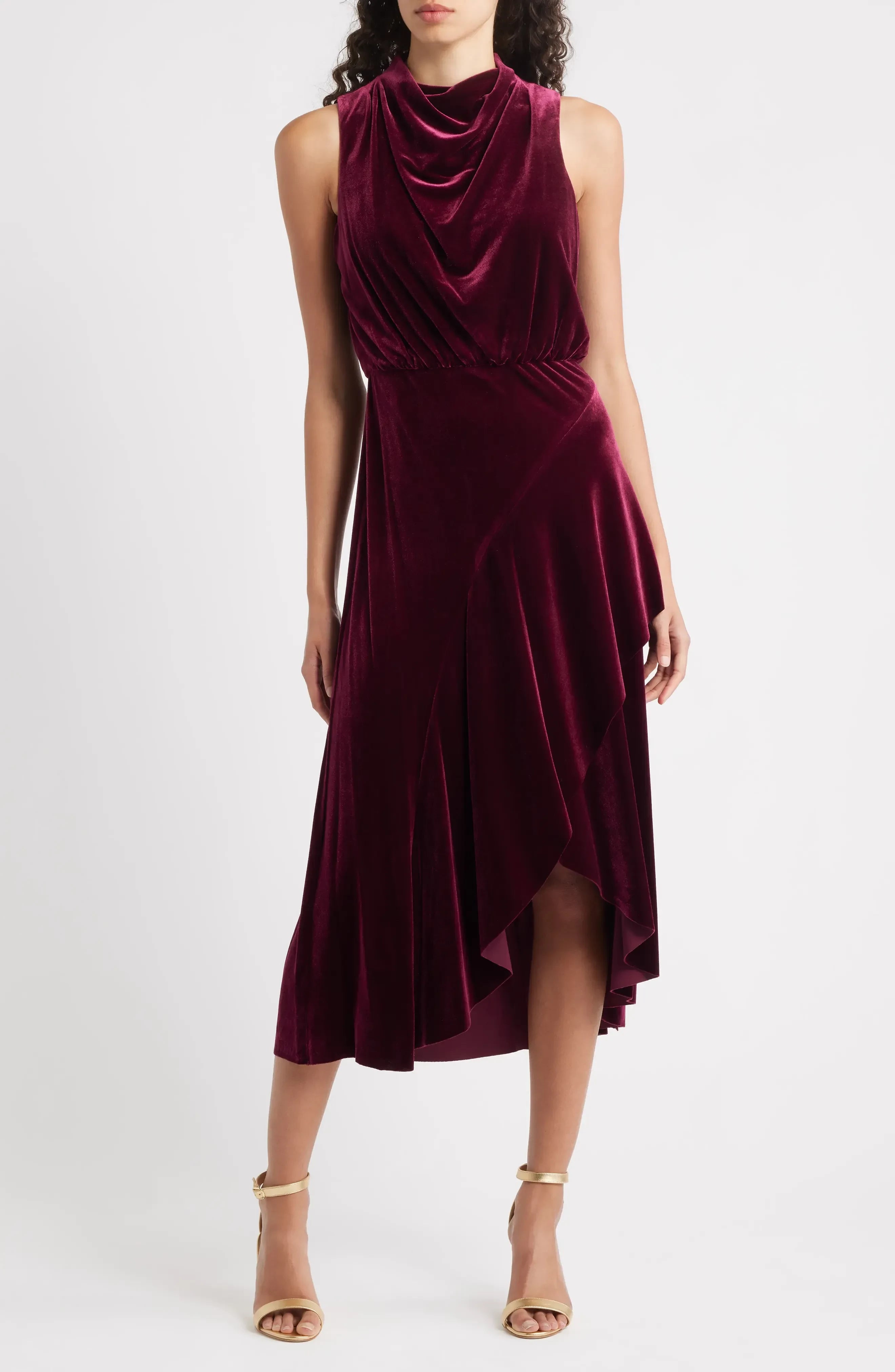 Opulent Draped Cowl Neck Sleeveless Pleated Back Midi Evening Dress