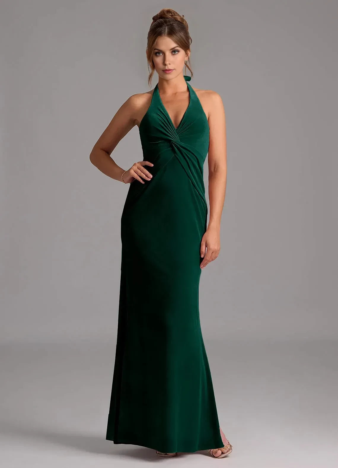 Opulent Sheath Halter Neck Sleeveless Tie Back Floor Length Bridesmaid Dress