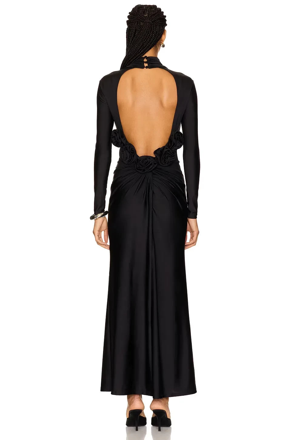 Opulent Sheath Mock Neck Long Sleeve Floral Cutout Back Floor Length Evening Dress