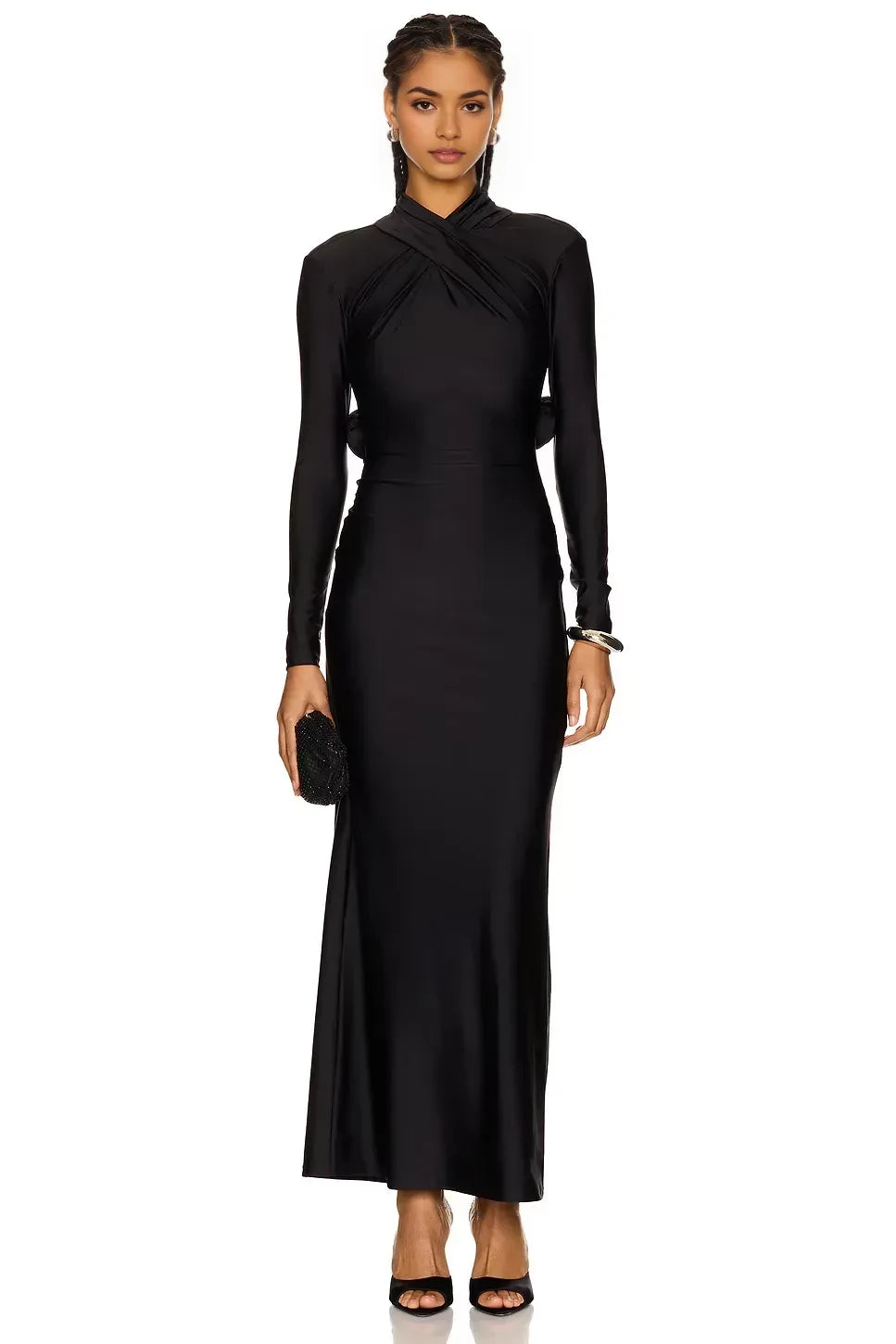 Opulent Sheath Mock Neck Long Sleeve Floral Cutout Back Floor Length Evening Dress
