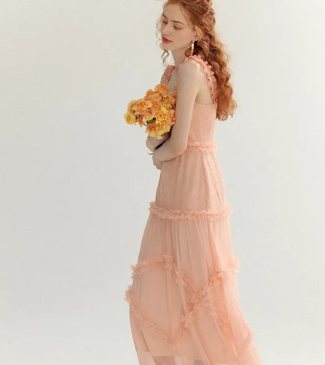 Orange-pink A Line Spaghetti Strap Lace Sleeveless Floor length Prom Dress Cocktail Dress Homecoming Dress Evening Dress Party Dress