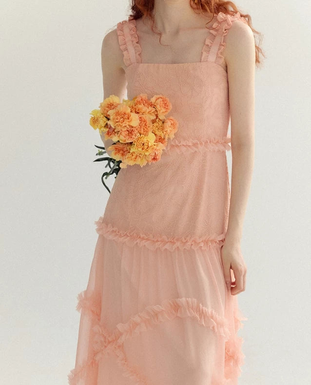 Orange-pink A Line Spaghetti Strap Lace Sleeveless Floor length Prom Dress Cocktail Dress Homecoming Dress Evening Dress Party Dress