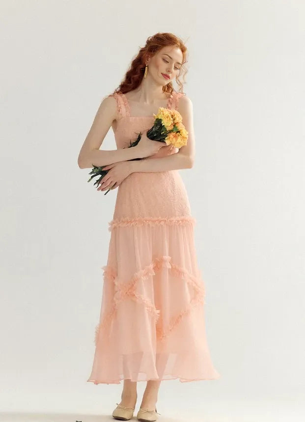 Orange-pink A Line Spaghetti Strap Lace Sleeveless Floor length Prom Dress Cocktail Dress Homecoming Dress Evening Dress Party Dress