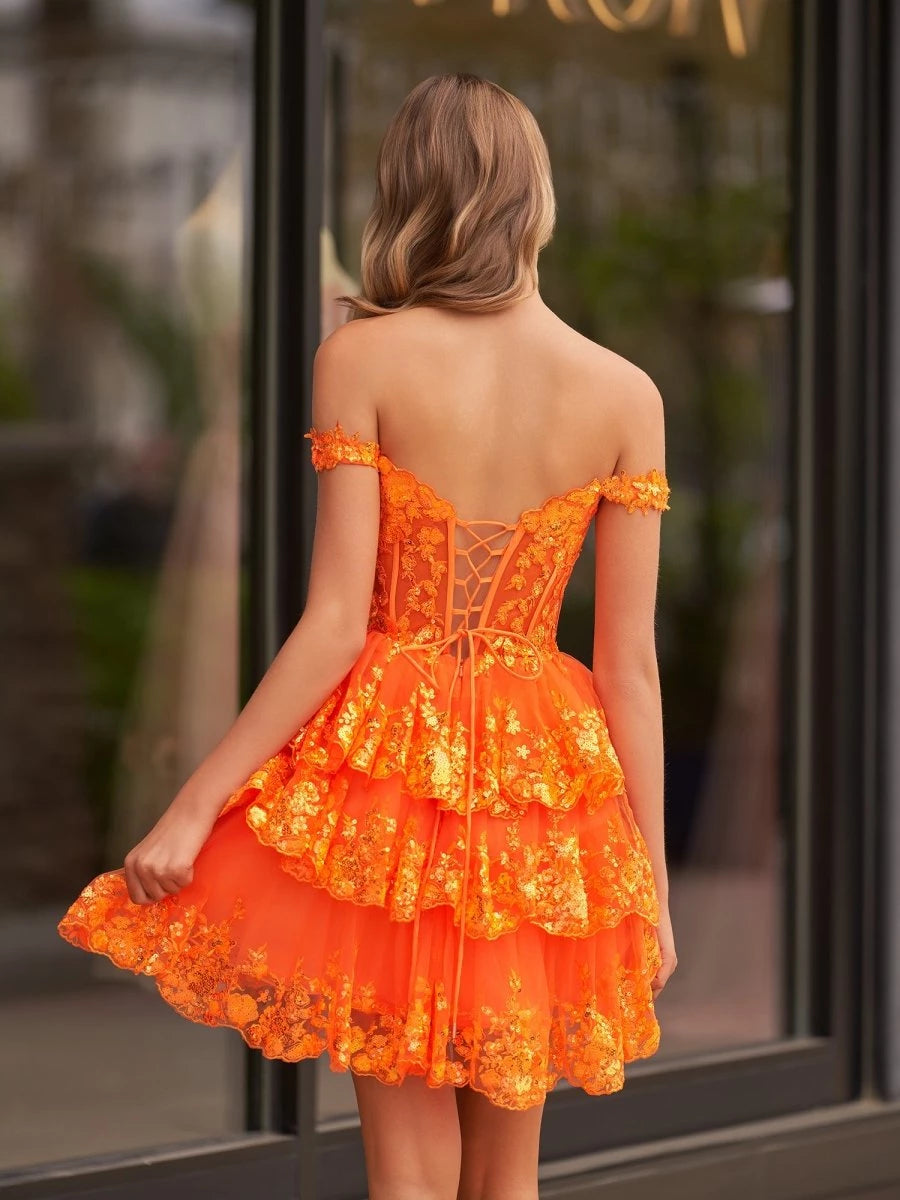 Orange A-Line Sweetheart Tiered Short Length Off-the-Shoulder Sweetheart Neckline Sleeveless Lace-up Back Ruffles Sequins