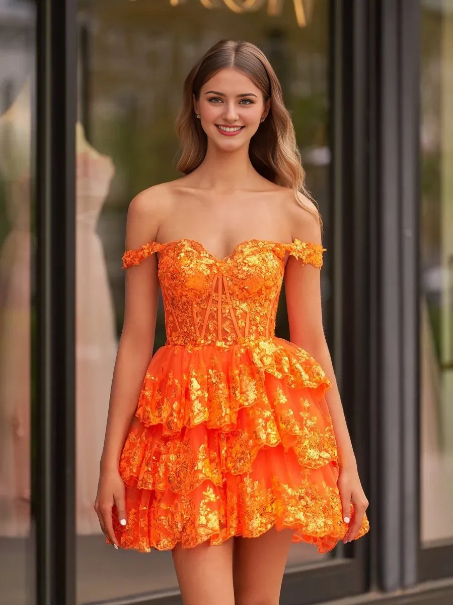 Orange A-Line Sweetheart Tiered Short Length Off-the-Shoulder Sweetheart Neckline Sleeveless Lace-up Back Ruffles Sequins