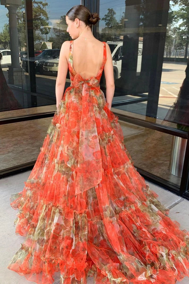 Orange Two Piece V-Neck Floral Printed Long Sleeveless Floor-Length  Lace-Up Back Backless Evening Dresses Evening Dresses Prom Dress