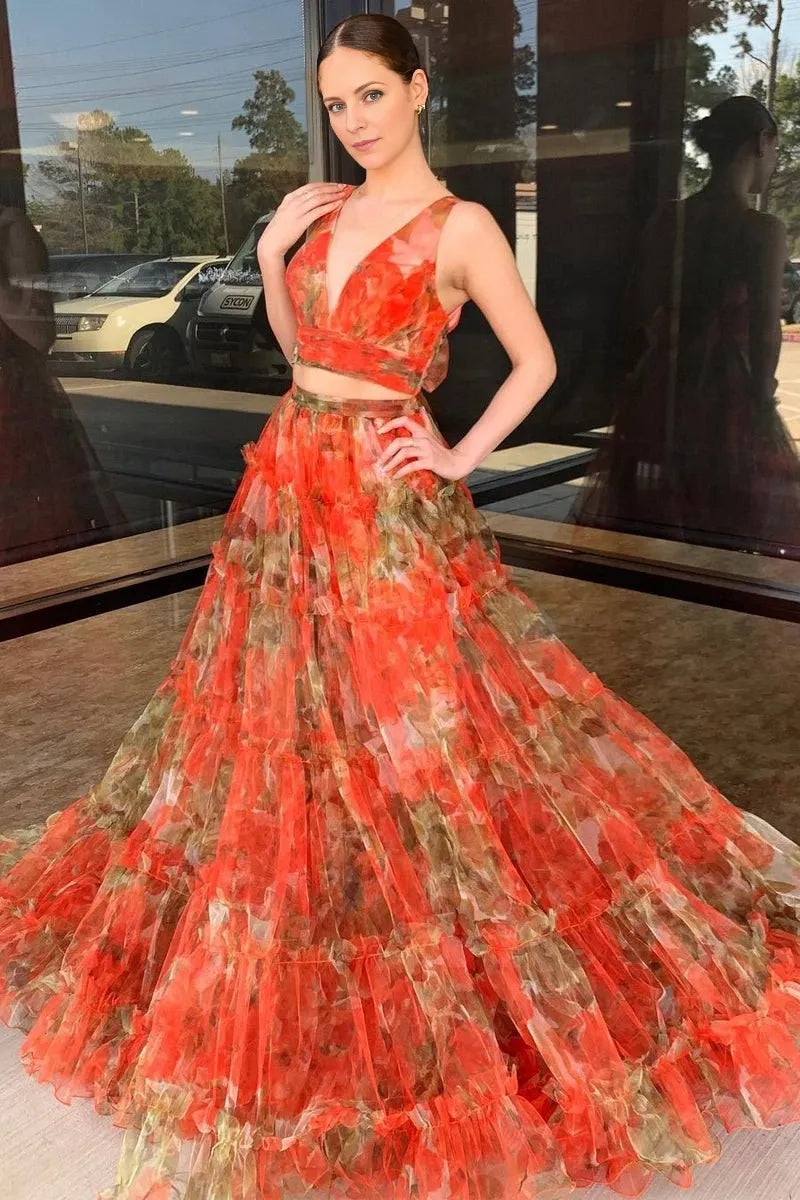 Orange Two Piece V-Neck Floral Printed Long Sleeveless Floor-Length  Lace-Up Back Backless Evening Dresses Evening Dresses Prom Dress
