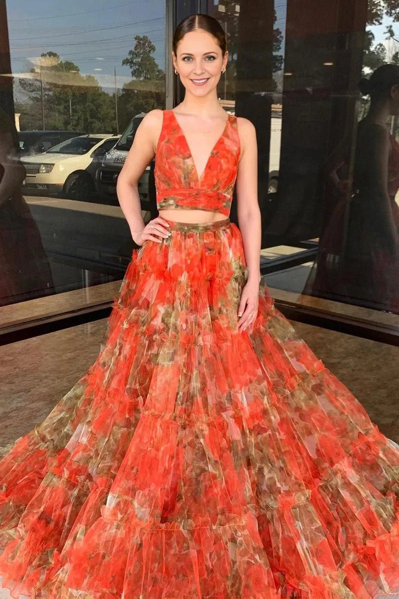 Orange Two Piece V-Neck Floral Printed Long Sleeveless Floor-Length  Lace-Up Back Backless Evening Dresses Evening Dresses Prom Dress