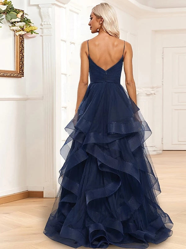 Organza Spaghetti Straps Princess Floor-Length sleeveless Evening Dresses with Ruched Ruffles