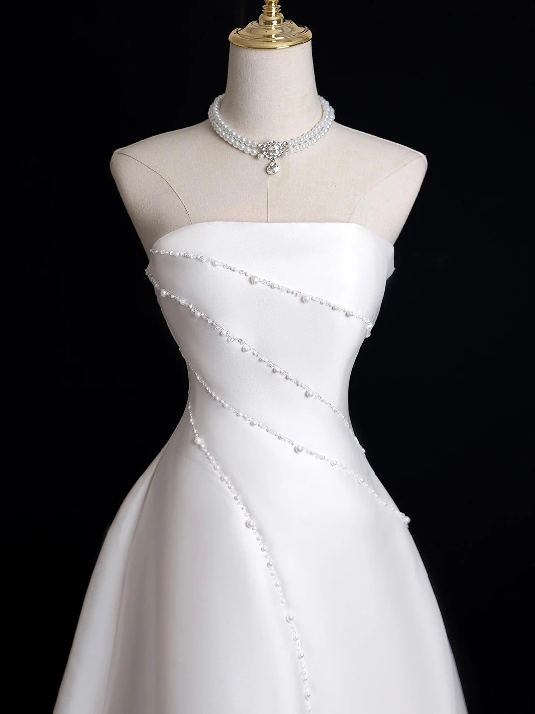 Pearl White Strapless White Satin Floor Length Prom Dress with Evening Party DressWedding Dresses
