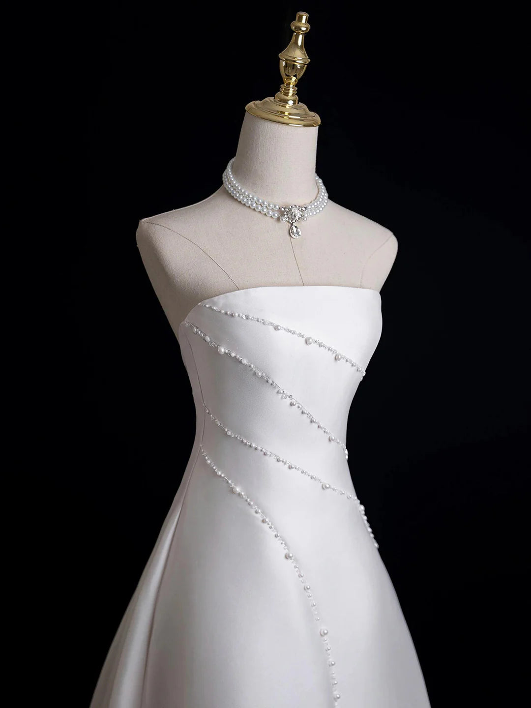 Pearl White Strapless White Satin Floor Length Prom Dress with Evening Party DressWedding Dresses
