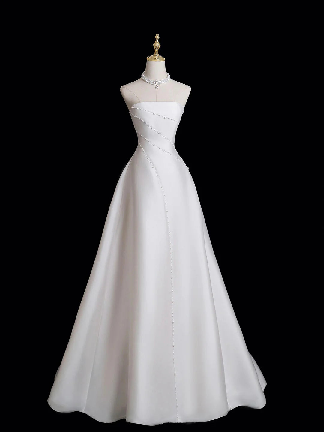 Pearl White Strapless White Satin Floor Length Prom Dress with Evening Party DressWedding Dresses