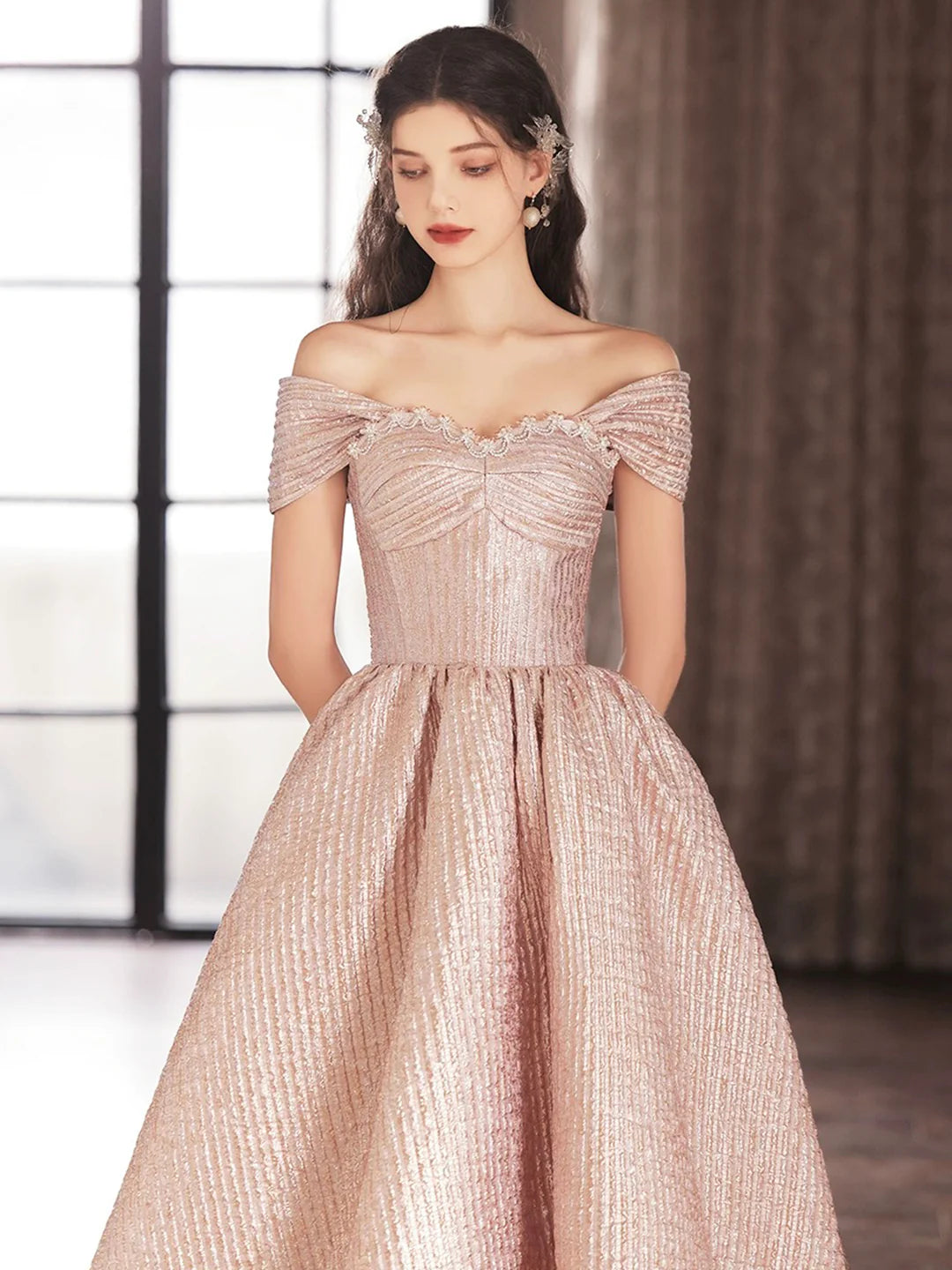 Pink A-Line Cute Satin Tea Length Prom Dress Off the Shoulder Party Dress Homecoming Dresses