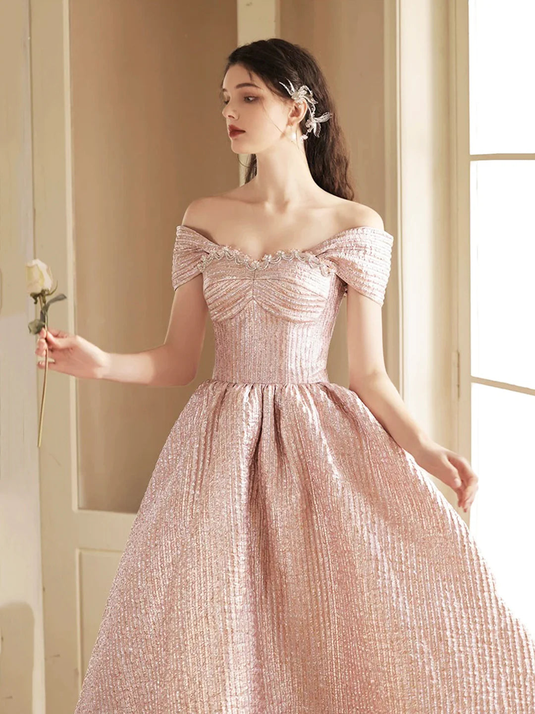 Pink A-Line Cute Satin Tea Length Prom Dress Off the Shoulder Party Dress Homecoming Dresses