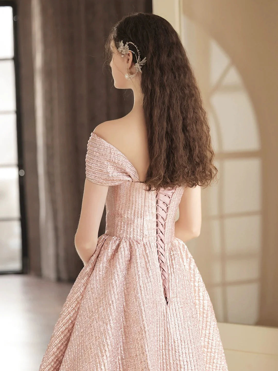 Pink A-Line Cute Satin Tea Length Prom Dress Off the Shoulder Party Dress Homecoming Dresses