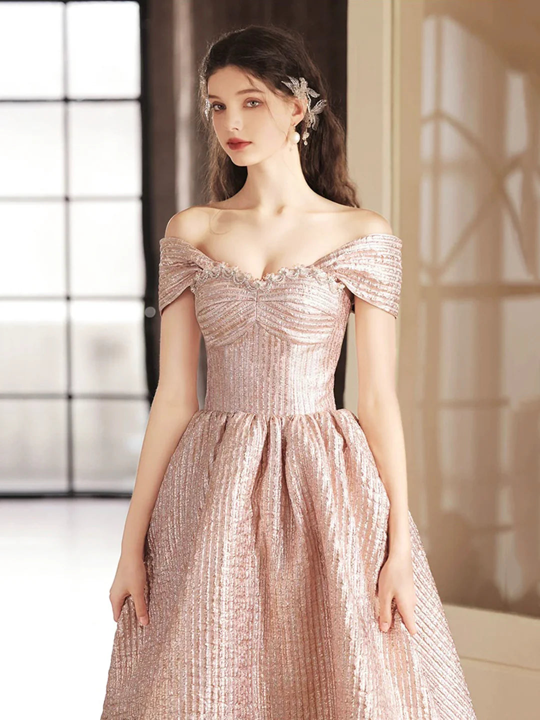 Pink A-Line Cute Satin Tea Length Prom Dress Off the Shoulder Party Dress Homecoming Dresses