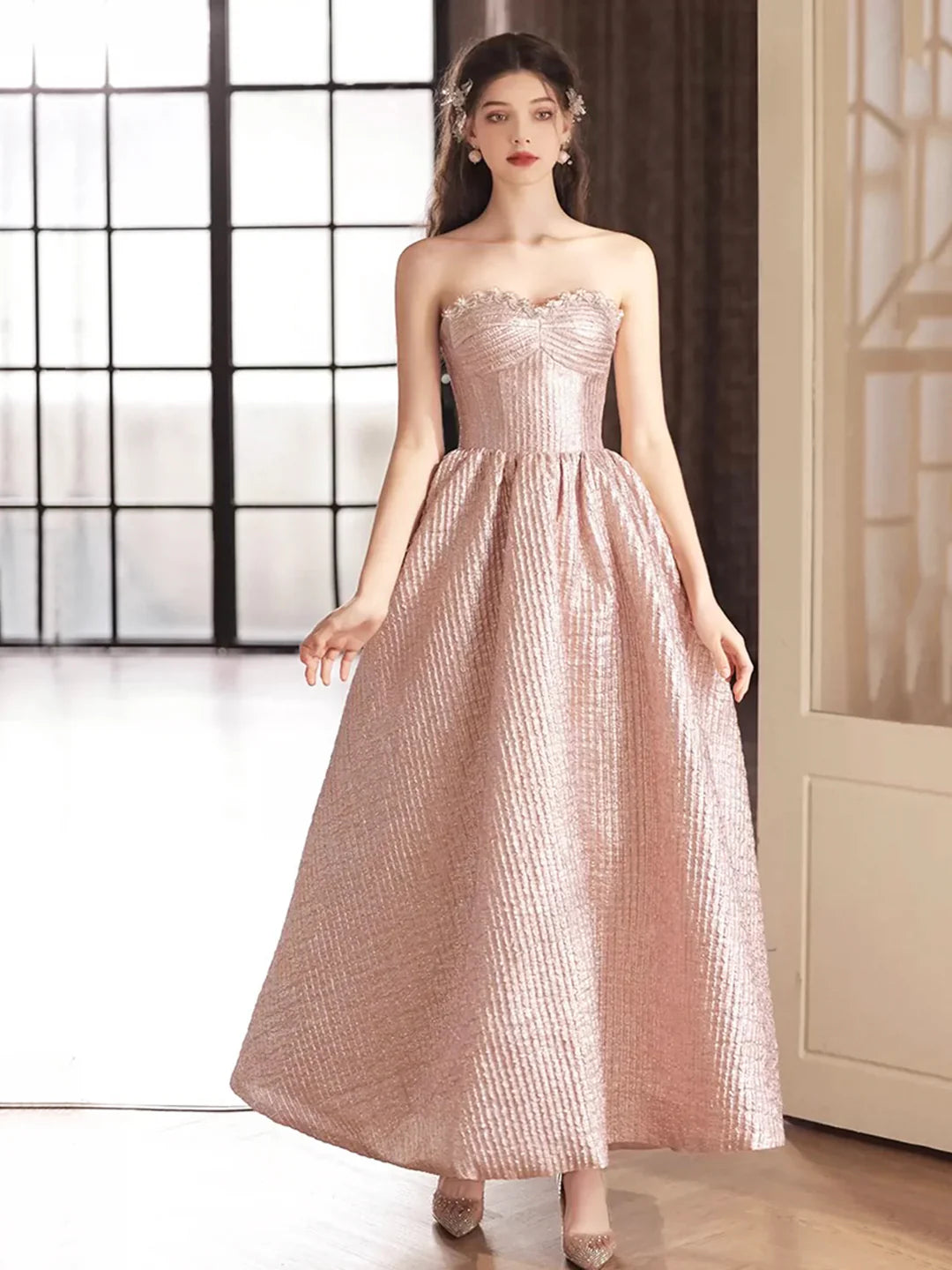 Pink A-Line Cute Satin Tea Length Prom Dress Off the Shoulder Party Dress Homecoming Dresses