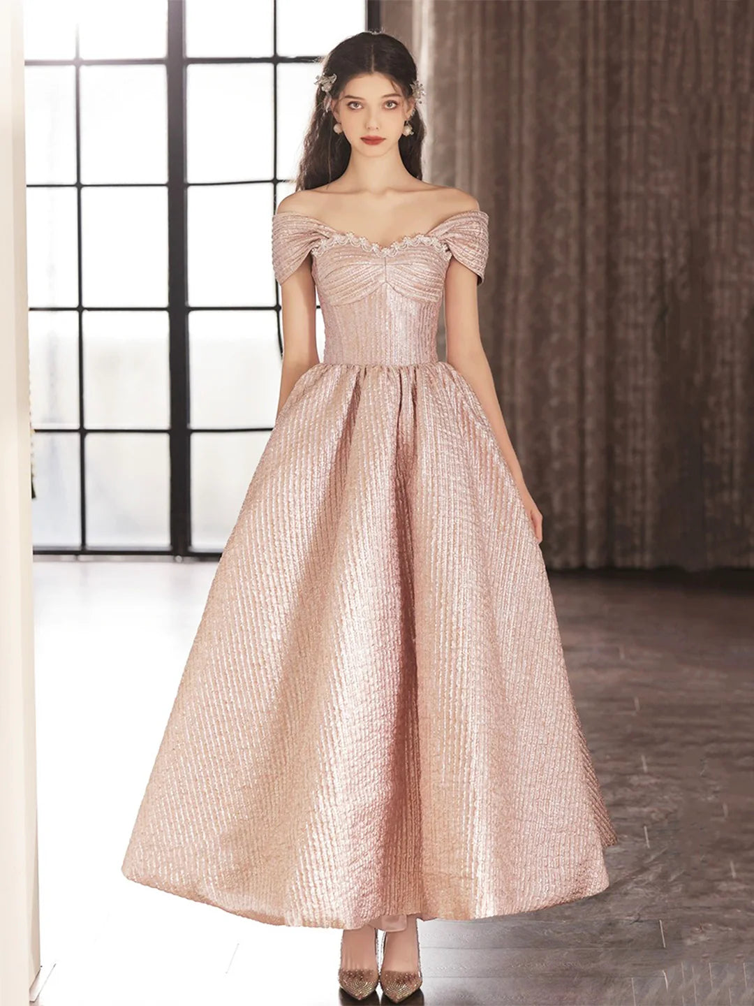 Pink A-Line Cute Satin Tea Length Prom Dress Off the Shoulder Party Dress Homecoming Dresses