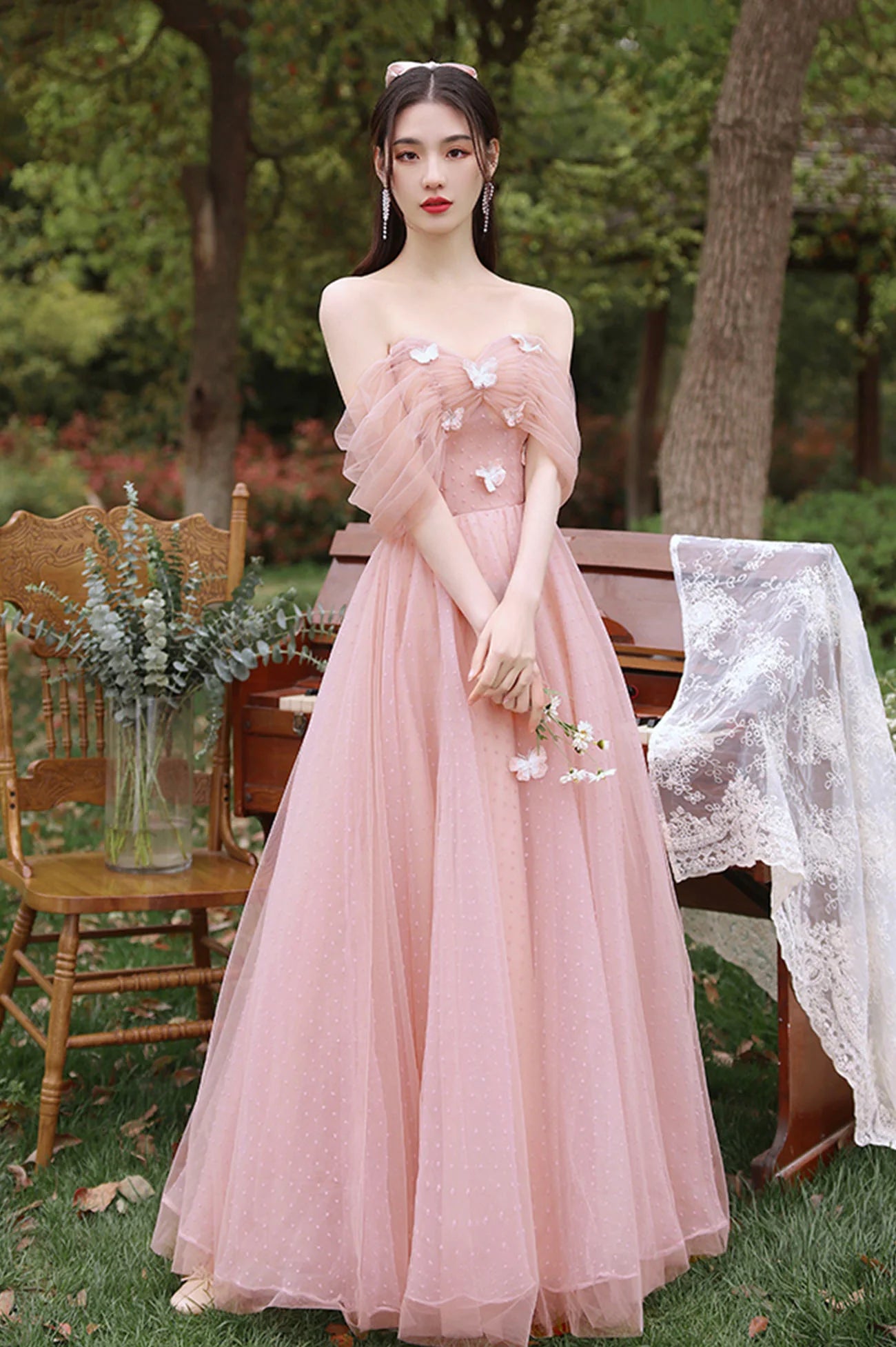 Pink A-Line Pink Tulle Long Prom Dresses Tulle Party Dresses